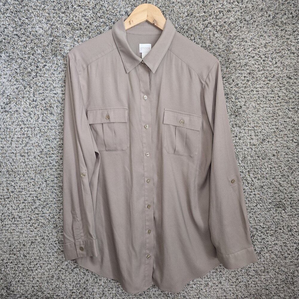 Chicos Top Womens 2 US Large Beige Button Up Roll Tab Sleeve Collared Casual